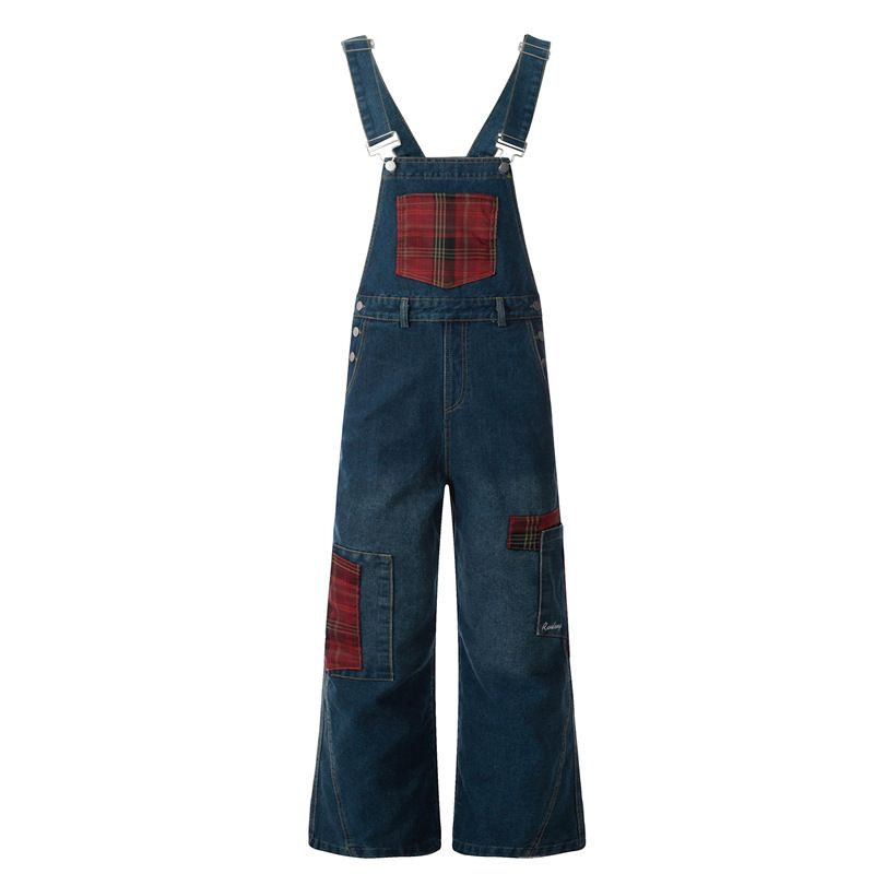 Men's Clothing Retro Niche Design Plaid Stitching Scimitar Jeans Men's And Women's Overalls Wide Leg Mopping Pants_voghion.com