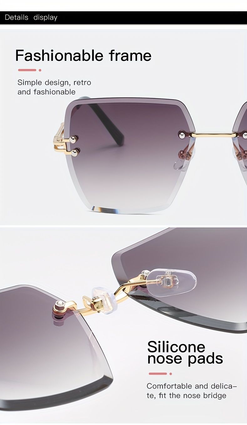 Large rimless women gradient lenses, fashionable sungla with hollowed temples for holidays, beach party, fashion_voghion.com
