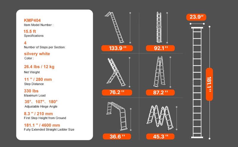 Multi-Purpose Folding Ladder 7-in-1 4 Step 15.5ft Reach Height For Work_voghion.com