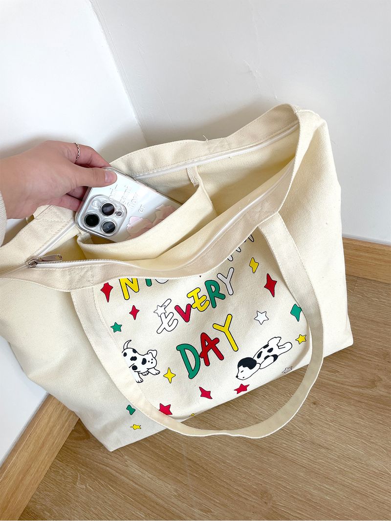 2024 New Student School Cute Illustration Large Capacity Shoulder Zipper Canvas Tote Bag Women_voghion.com
