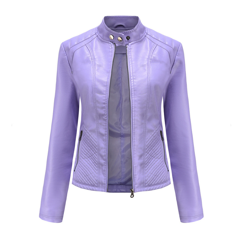 Giacca da motociclista a maniche lunghe, giacca casual in pelle da donna_voghion.com