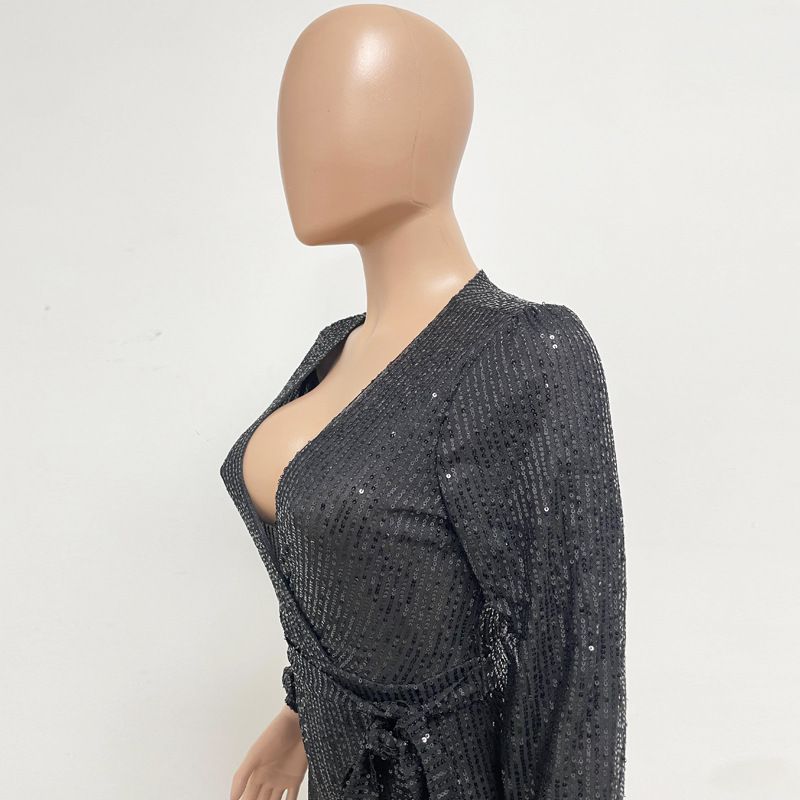 Damkläder Ins Style Deep V Mode Casual Jumpsuit Långärmat Bälte Paljett Jumpsuit Dam_voghion.com