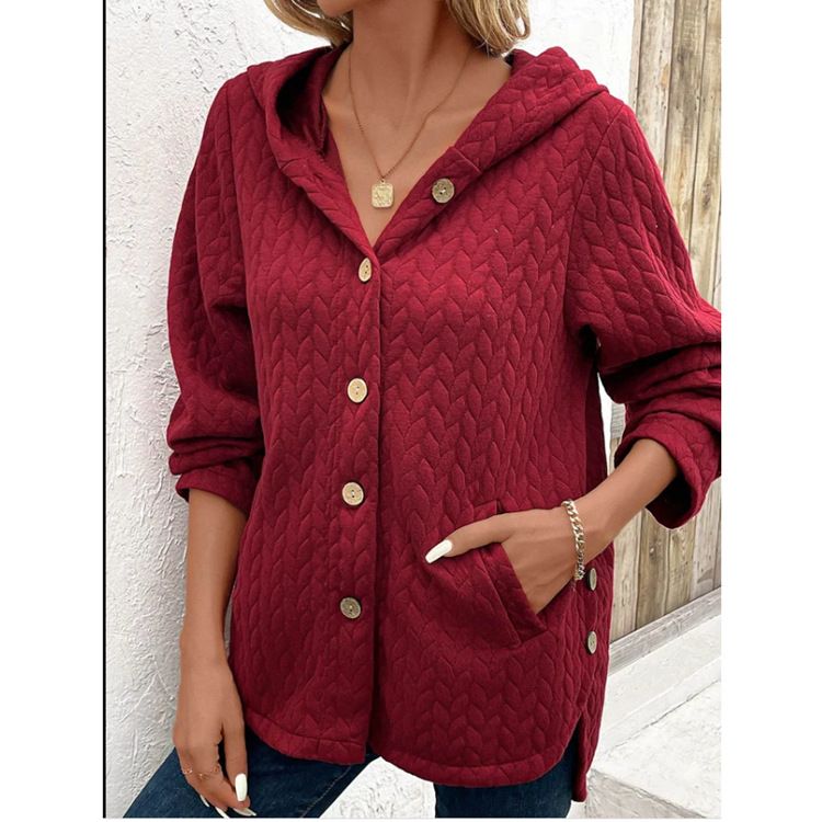 Damenbekleidung Damen einfarbiges Kapuzen-Knopf-Spleißen Langarm-Sweatshirt für Damen_voghion.com