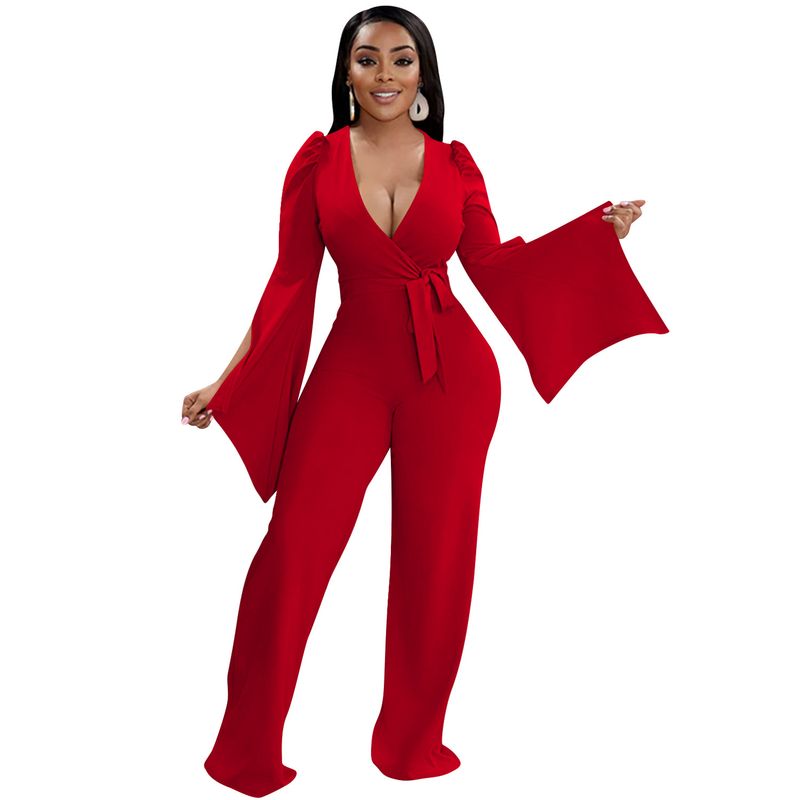 Dametøj nyt produkt ensfarvet sexet dyb V-rem plisseret brede ærmer lange bukser jumpsuit til kvinder_voghion.com