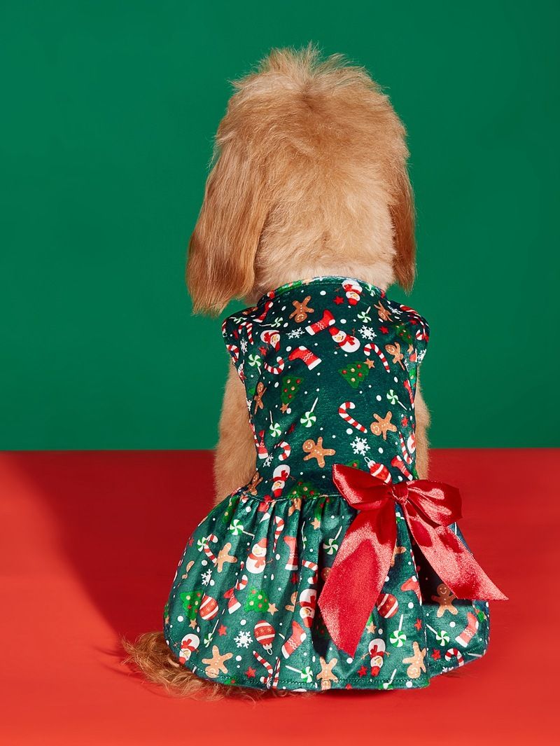 Weihnachtskatzenkleid mit Schleife und Weihnachtsdruck, Teddykleid, Hunderock, Haustier-Prinzessinnenkleid_voghion.com