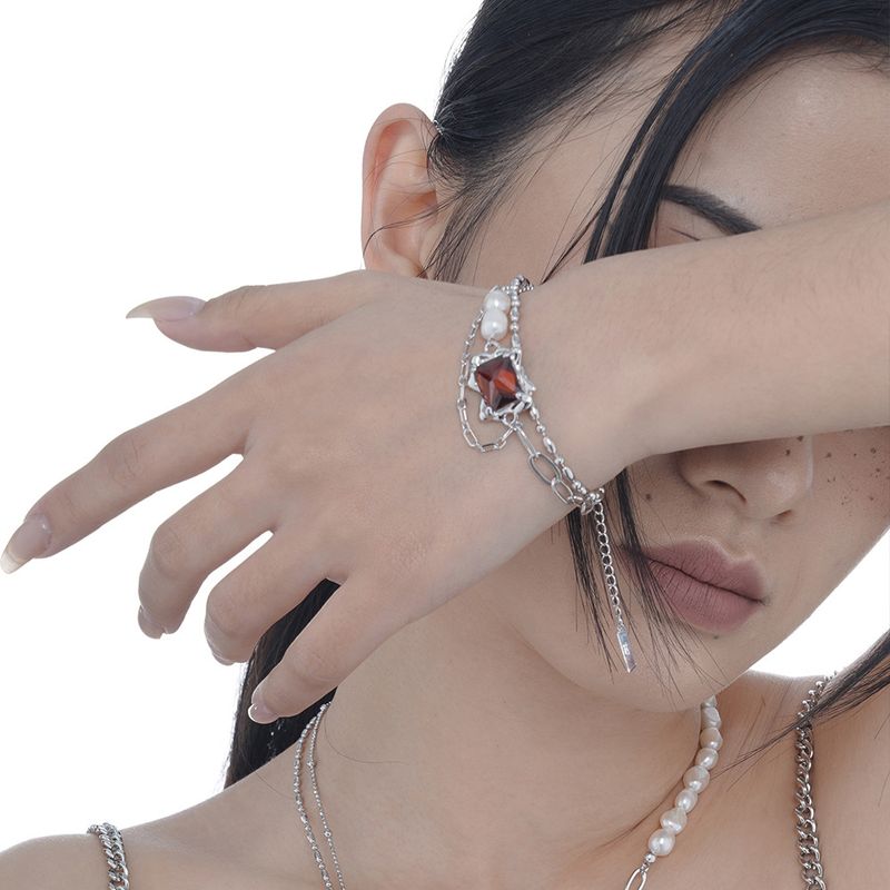 S2038 Heavy Craft S Pure Silver Baroque Pearl For Women, Personalized Layered Red Bracelet_voghion.com