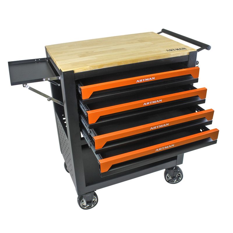 4 DRAWERS MULTIFUNCTIONAL TOOL CART WITH WHEELS AND WOODEN TOP-ORANGE_voghion.com