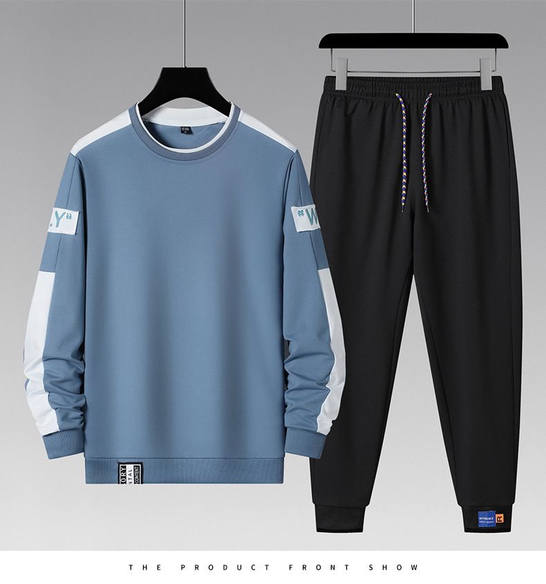 Herrenbekleidung Herren-Freizeitsportanzug, langärmelige Hose, zweiteiliger Anzug, Nähte in Kontrastfarbe, Herren-Sweatshirt, Rundhals-T-Shirt_voghion.com