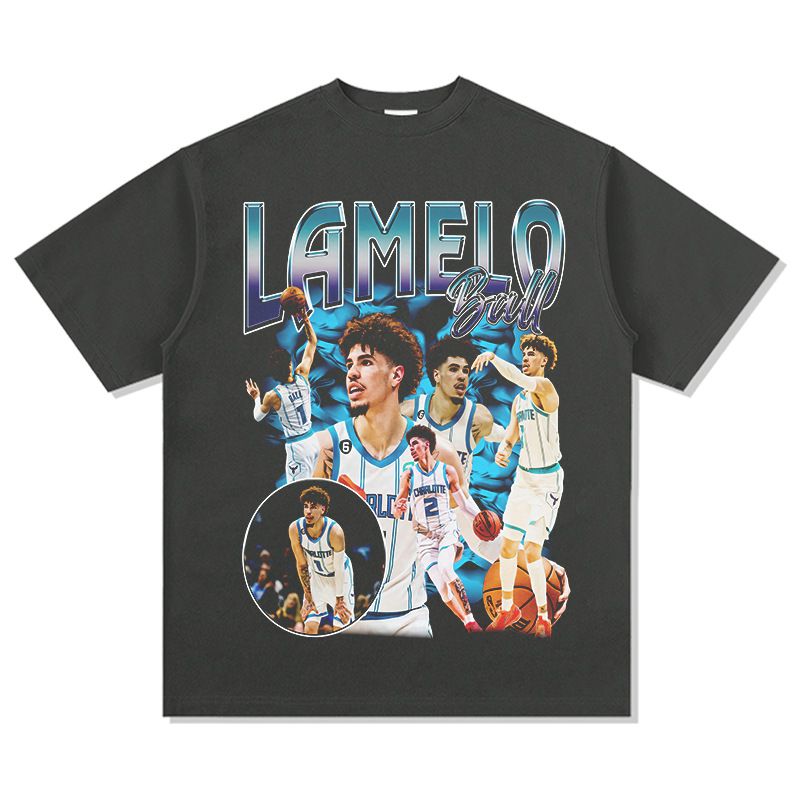 T-shirt à manches courtes imprimé style américain LaMelo Ball LAMELO, style vintage délavé et décontracté_voghion.com