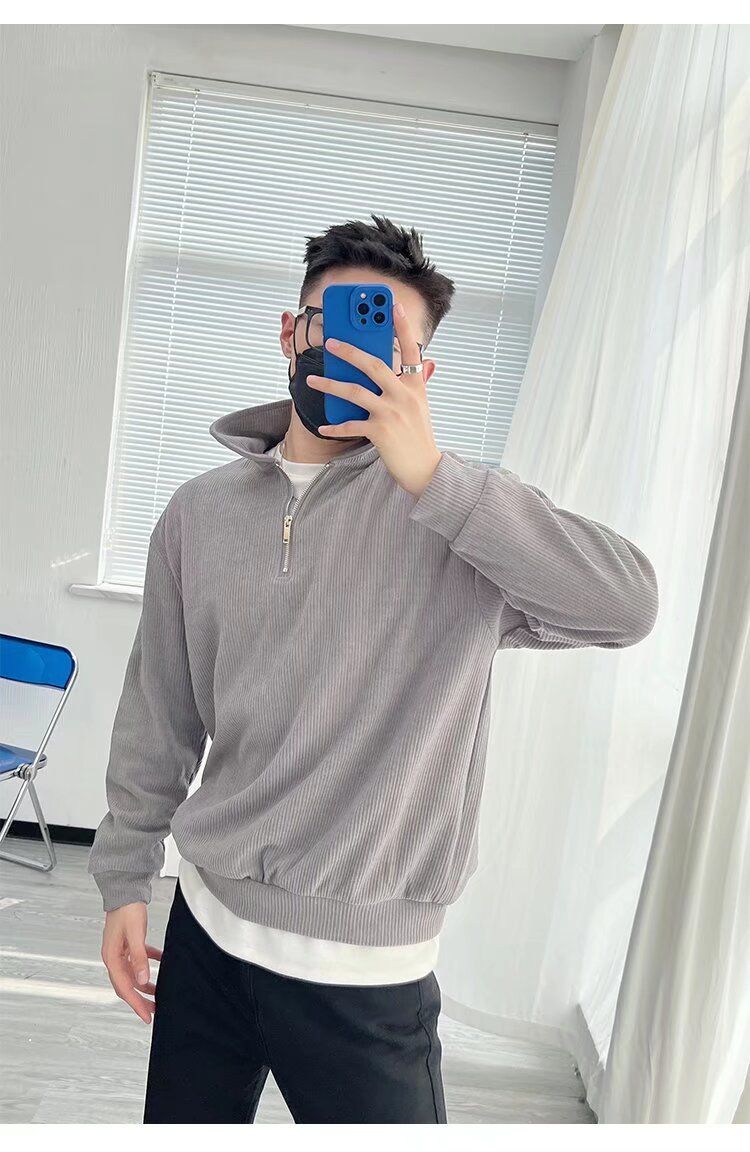 Îmbrăcăminte pentru bărbați, toamnă, nou pulover cu jumătate de fermoar, retro, lejer, casual, cu design de nișă, pulover de culoare solidă_voghion.com