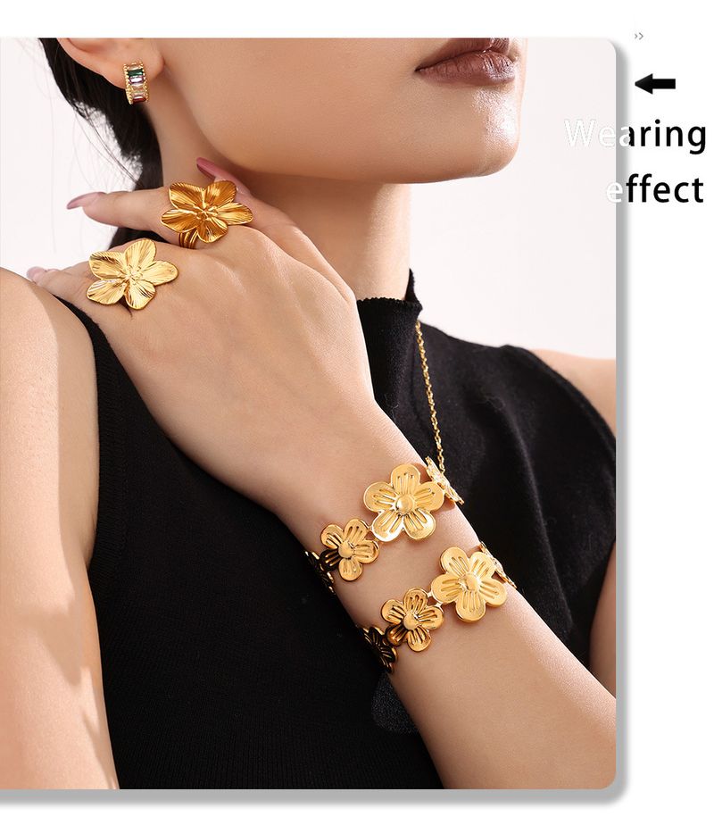 Sieradenset voor dames, gouden bloemenring, ketting en armband, roestvrij staal, PVD-geplateerd, echt goud, kleurbehoud sieraden_voghion.com