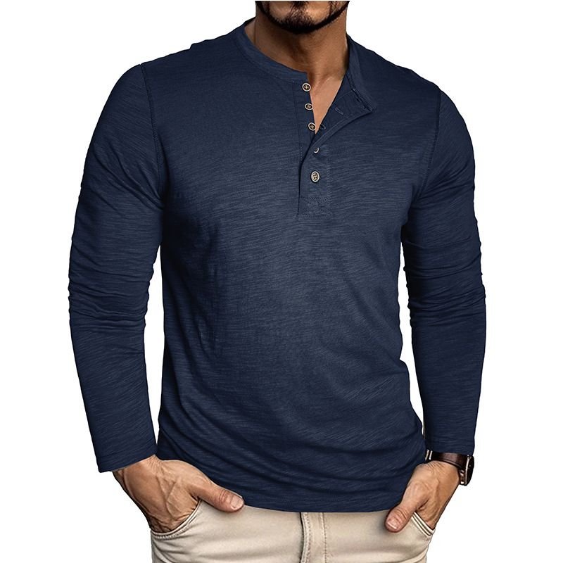 T-Shirt zum Knöpfen für Herren – Weiches Langarm-T-Shirt aus Bambusbaumwolle mit Rundhalsausschnitt für den Alltag (Schwarz, Marineblau, Militärgrün, Weiß, Khaki)_voghion.com
