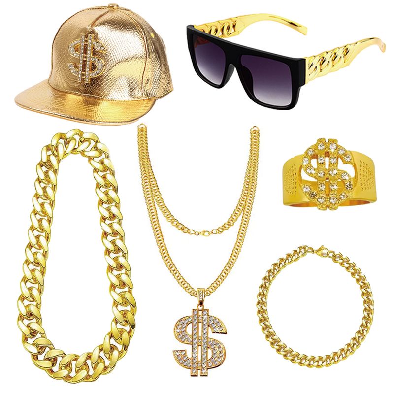 Accessori per performance da rapper Newlon, collana in lega hip-hop fiammeggiante, anello USD, occhiali con lenti viola_voghion.com