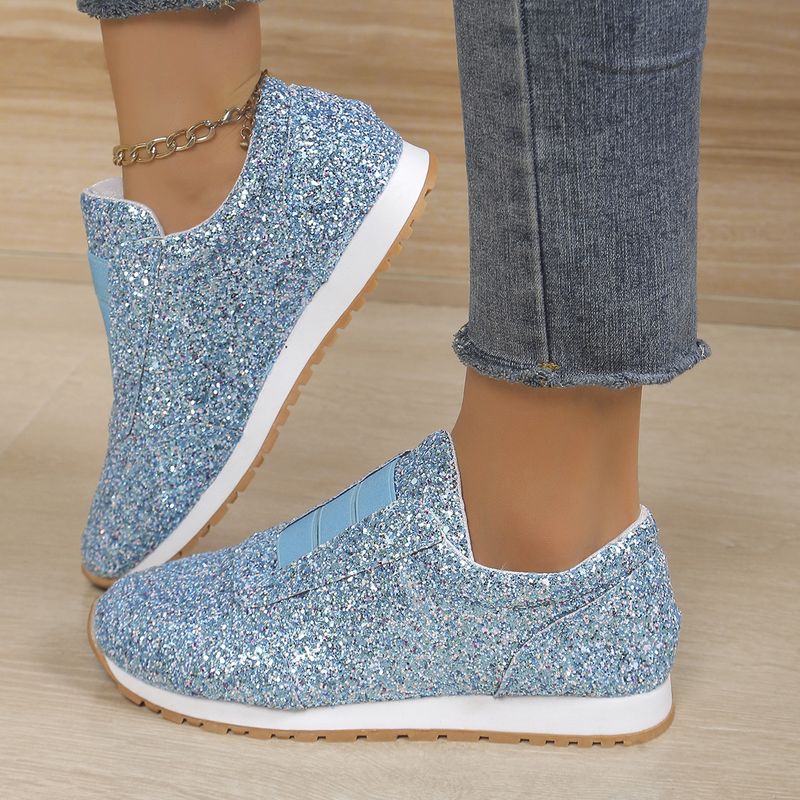 Women's single shoes sequin rhinestones elastic casual single shoes thick soled round head single shoes_voghion.com