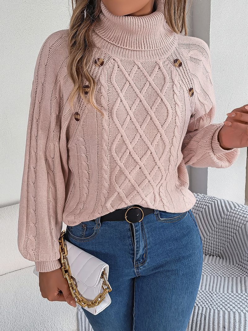 Maglione pullover da donna alla moda, con collo alto, maniche a lanterna, in maglia a trecce, casual, tinta unita, autunno inverno 2025_voghion.com