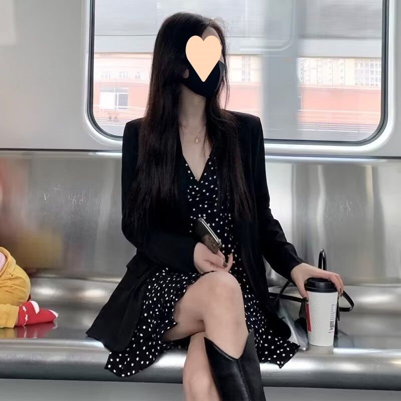 Nuovo abito nero con spalline a pois francesi da donna, elegante e di alta qualità, per la primavera e l'autunno_voghion.com