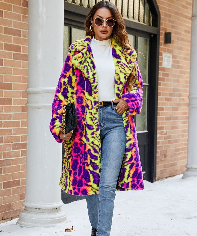 Kunstpelzmantel mit auffälligem Farbblockdesign und Leopardenmuster – Lange Kapuzenjacke für Damen (Regenbogen-Leopard, S-XXL)_voghion.com
