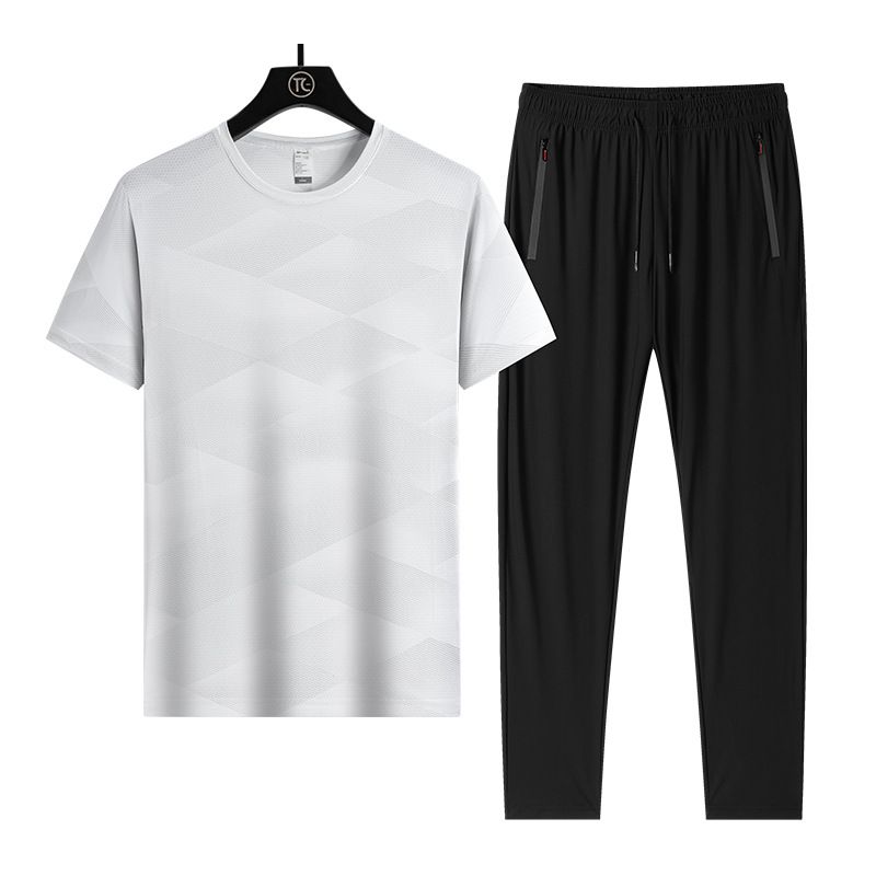 Conjunto de nailon y seda de hielo para hombre, combinado con pantalones cortos Five Cent de manga corta para negocios, absorbe el sudor y es transpirable._voghion.com