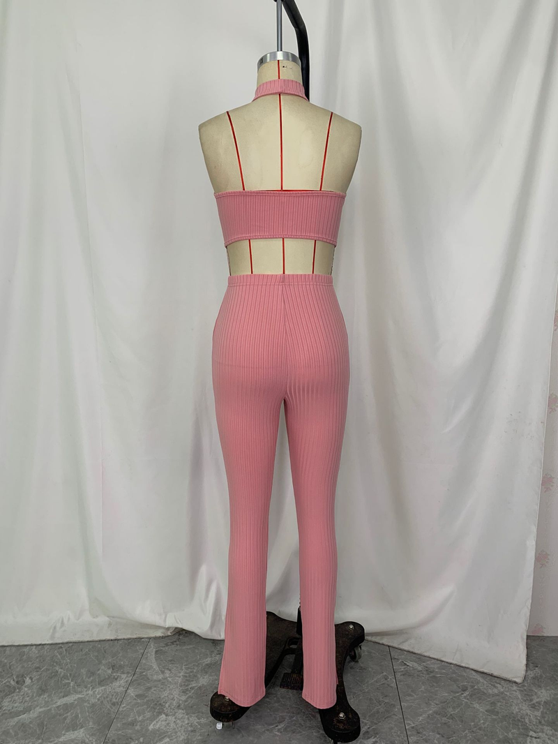 Set da donna in due pezzi casual con pantaloni a camicia senza maniche con collo appeso e ampia striscia in tinta unita_voghion.com