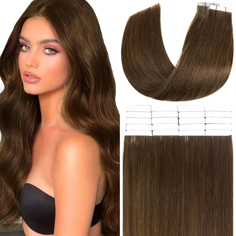 Mellembrune Tape-in Hair Extensions Ægte Glat Remy Hår til Kvinder_voghion.com