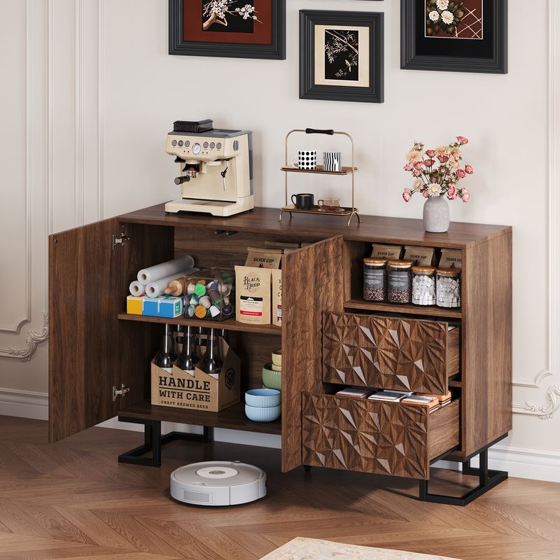 Beistellschrank 120x78,5cm Walnussoptik Mit Blattrelief, 2 Türen & 2 Schubladen_voghion.com