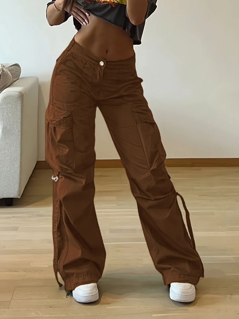 Pantaloni da donna retrò, con tasche, cuciture, vita media, gamba larga, coulisse, casual, tinta unita_voghion.com