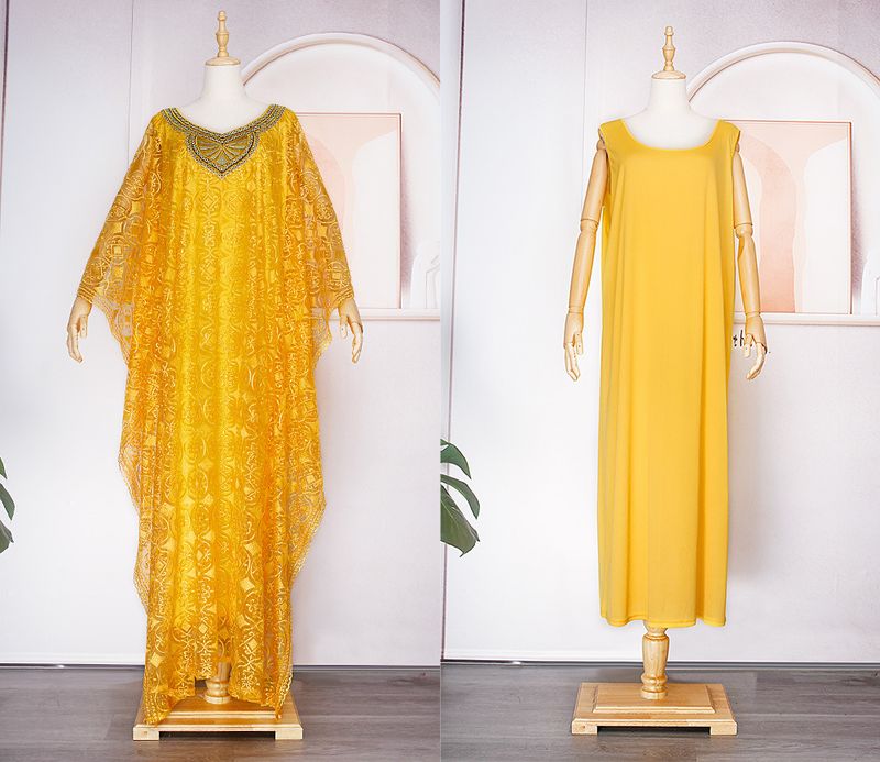 Roupas femininas bordado renda solta manga morcego vestido robe três peças colete com lenço na cabeça_voghion.com
