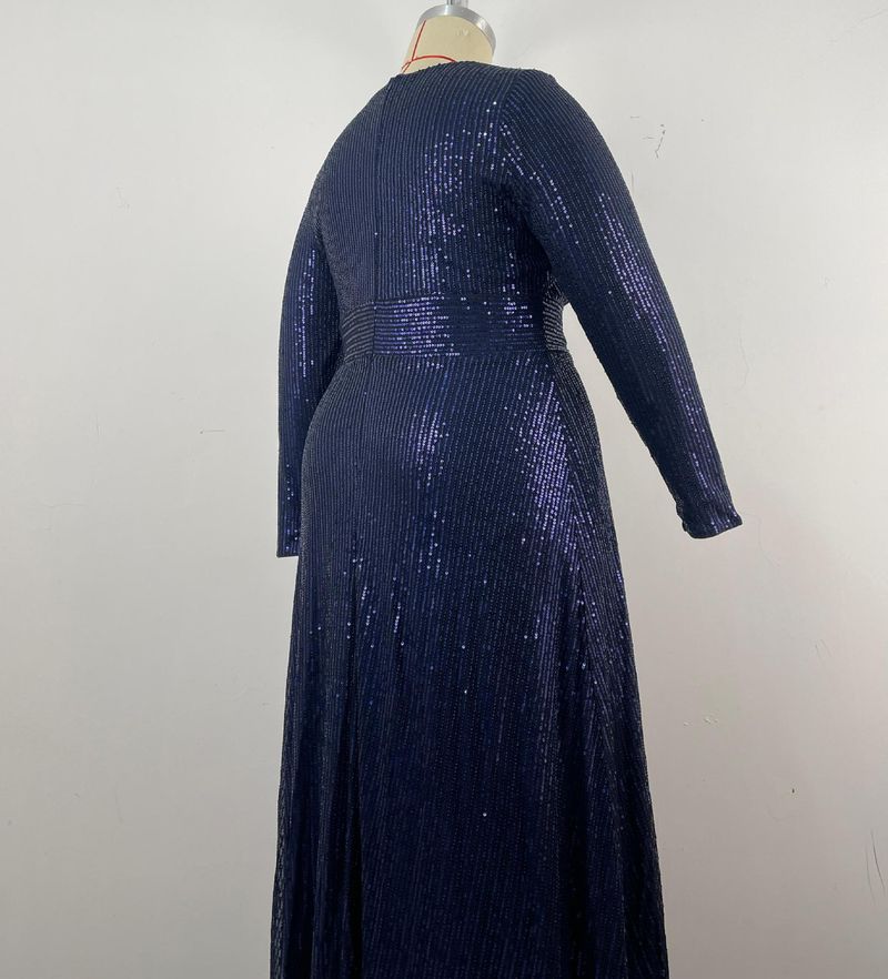 Elegant Plus Size Evening Gown With Sequins - V-Neck Long Sleeve Formal Dress For Wedding, Banquet & Special Occasions (Blue/Black/Wine Red, 0XL-5XL)_voghion.com