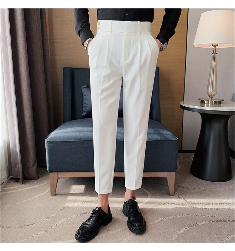 Pantaloni napoletani da uomo nuovi di zecca, in twill strutturato, con vita a pieghe, design casual a nove punte, vita media e alta_voghion.com