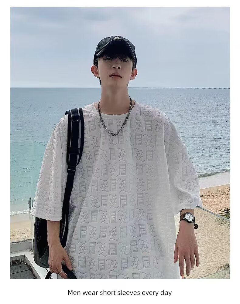 Men's Clothing high grade ice silk quick drying hollow short sleeved T shirt men's oversize see through fashion brand 5 point sleeve summer_voghion.com