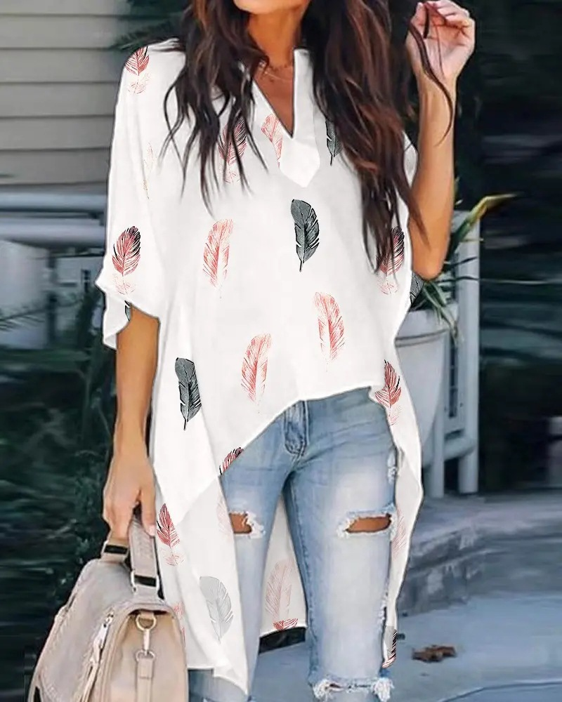 Abbigliamento estivo da donna, top con scollo a V e maniche a pipistrello, camicie corte davanti e lunghe dietro_voghion.com