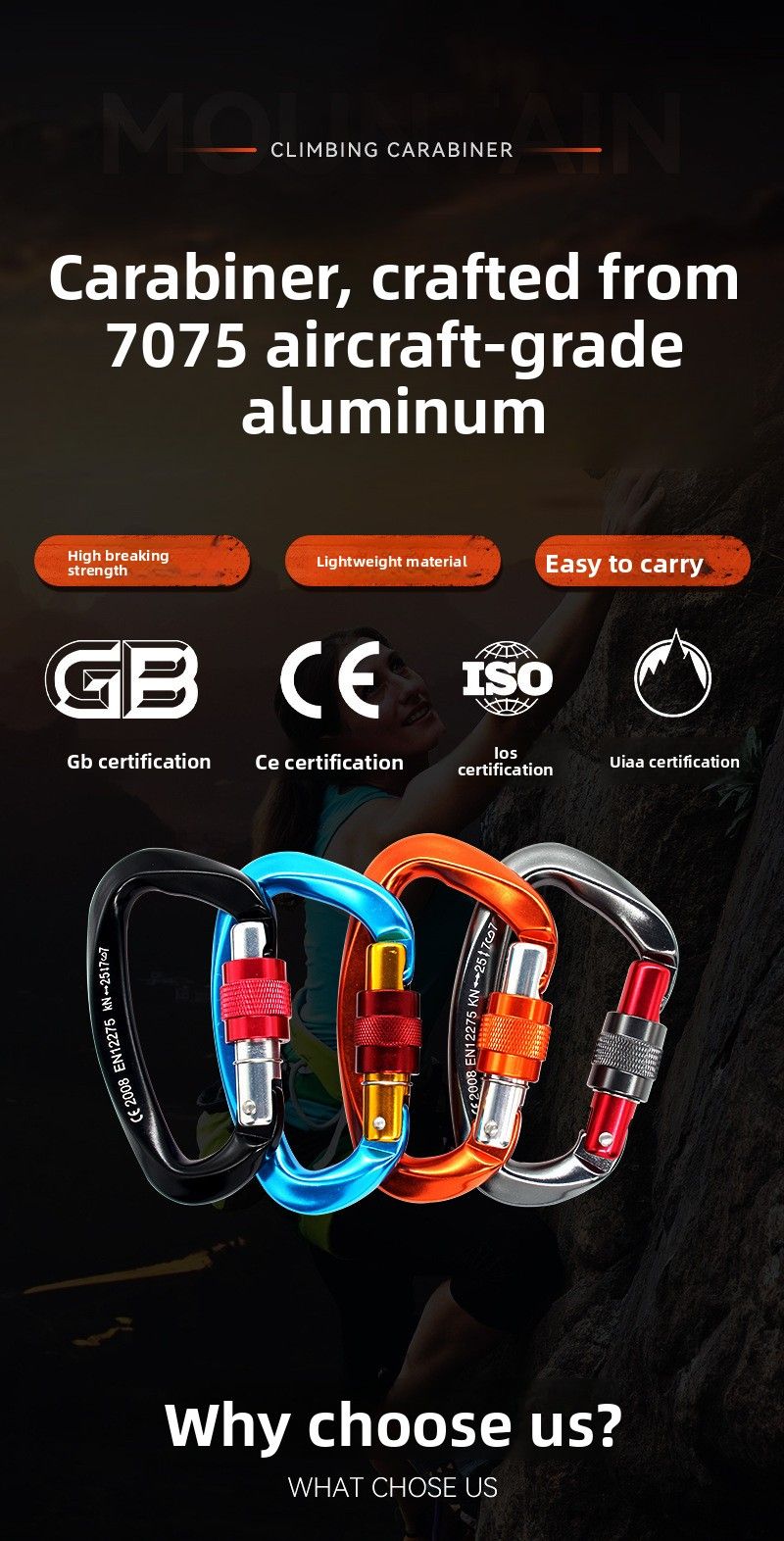 CP Master D-förmiger Aluminiumhaken-Karabiner mit Schraube für Kletterausrüstung, Campingzubehör, Hängemattenverschluss, 25 kN_voghion.com