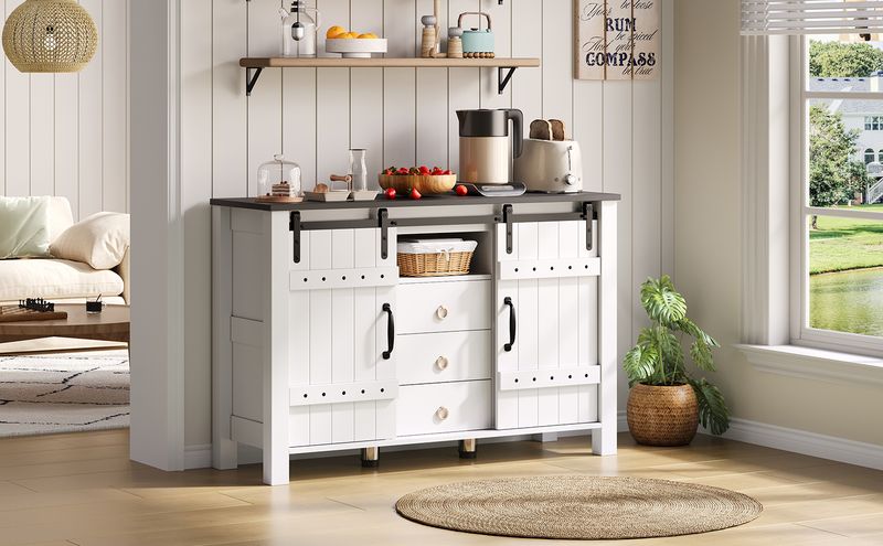 Buffetschrank Bianco 120cm Con Schiebetüren, 3 Schubladen, Rustikaler Holzstil_voghion.com