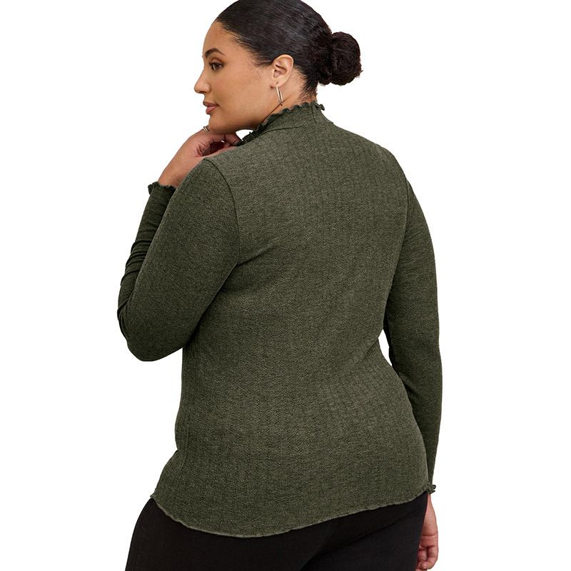 Einfarbiger Damenpullover in großen Größen, halber Rollkragenpullover, schmale Basis und langärmeliger Strick_voghion.com