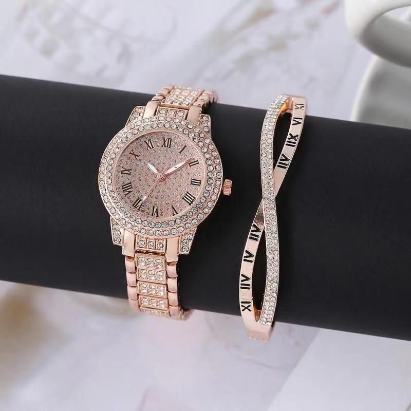 Volldiamant römische Ziffer Stahluhr für Frauen voller Sterne Temperament Business Quarzuhr Hip Hop Stil Volldiamant Armband Set_voghion.com