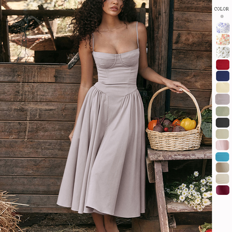 Sommar Ny Fransk Lång Kjol Palace Style Dopamin Dressing Med Slingklänning För Kvinnor_voghion.com