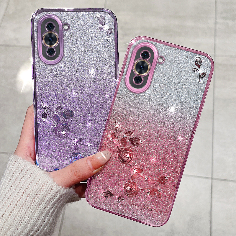 Luxury Bling Gradient Glitter Clear Case For Huawei Nova 10 8 7 Pro 6 5G 5 7SE 9SE 10SE Plating Rose Floral Protector Soft Cover_voghion.com