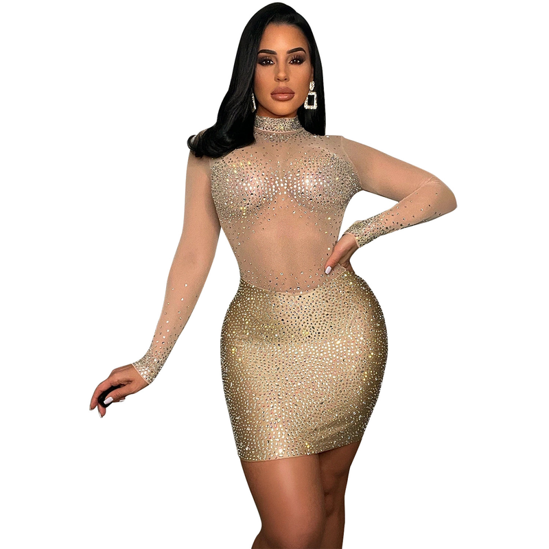 Damenbekleidung Modisches und sexy Mesh-Kleid mit langen Ärmeln und heißem Diamanten für Damen_voghion.com