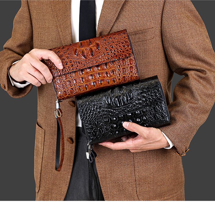 2024 new men's crocodile pattern clutch bag double zipper clutch bag hand held double layer mobile phone bag card bag foreign trade cross border_voghion.com