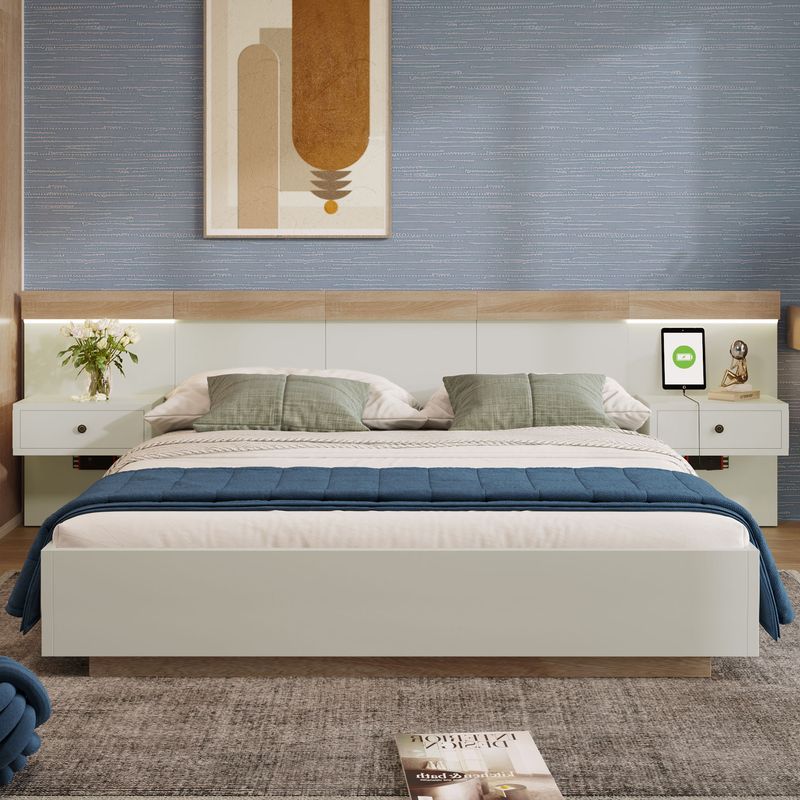 Cadre de lit Queen Size avec 2 tables de nuit LED et prise USB C, ensemble de lit en bois 180 x 200 cm avec 2 tables de nuit, mobilier de chambre complet en chêne Sonoma/blanc, dimensions 205 x 284 x 90,5 cm (L x l x H), sans matelas._voghion.com