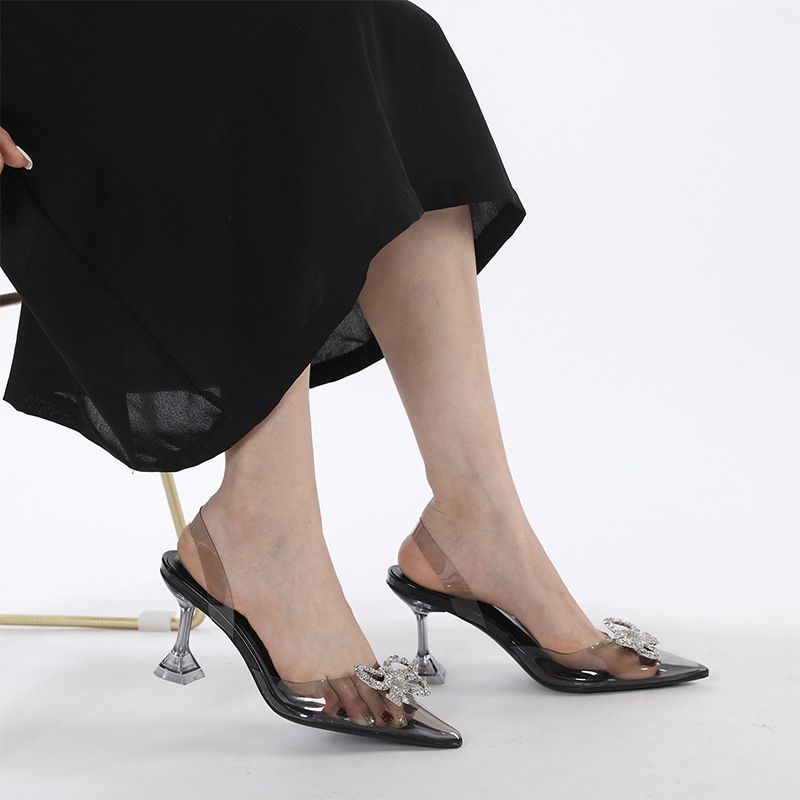 Heel Sandals Autumn New Pointed Bowknot Rhinestone Sandals Stiletto Heels Closed Toe Transparent High End High Heels For Women Sandals_voghion.com