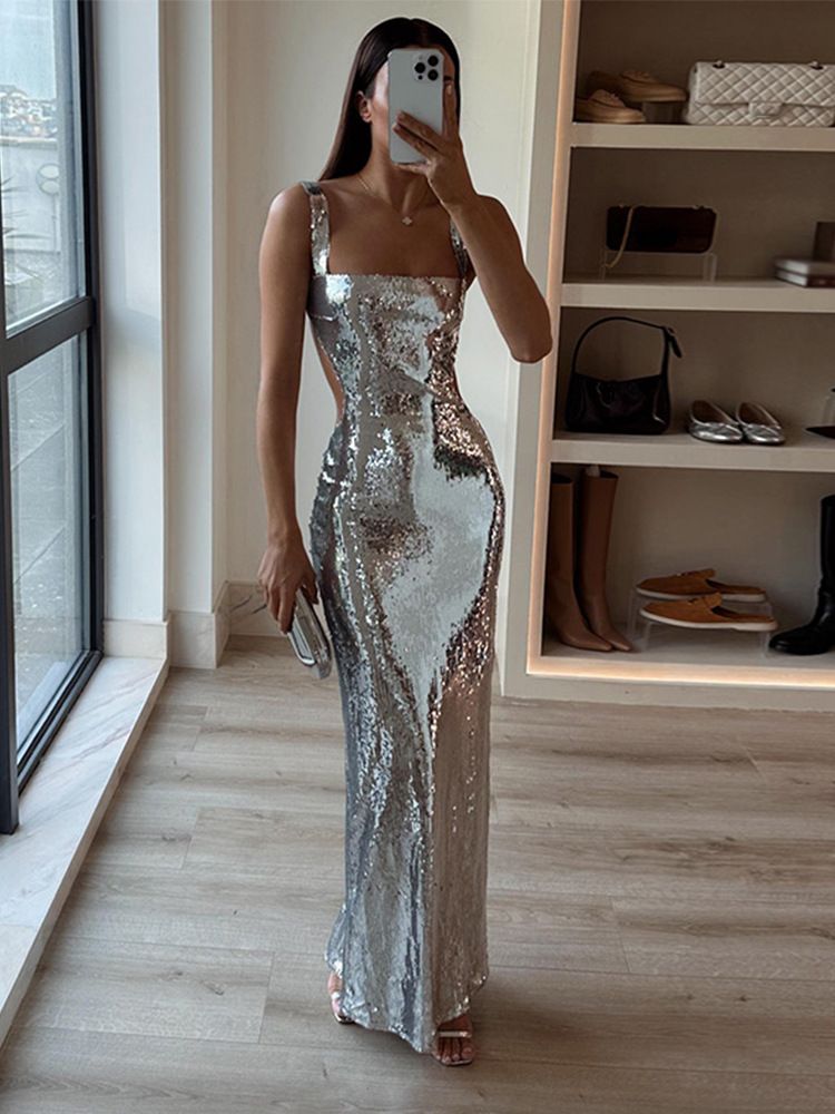 cross border ins sequined hollow sexy fashion suspender dress summer gold chain splicing skirt_voghion.com