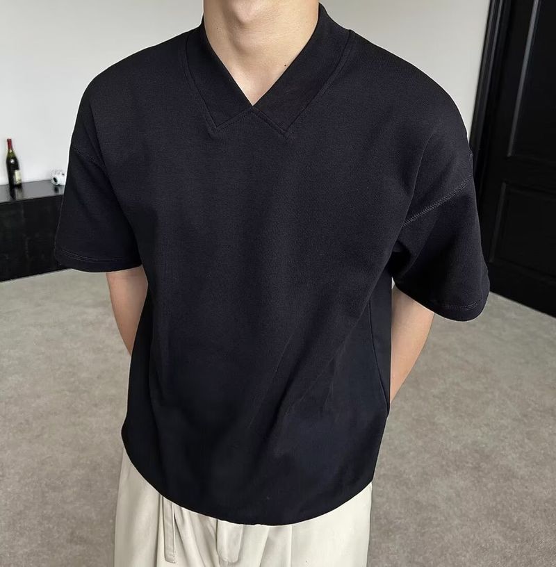 Maglietta casual ampia da uomo con scollo a V, a maniche corte, versatile, tinta unita_voghion.com