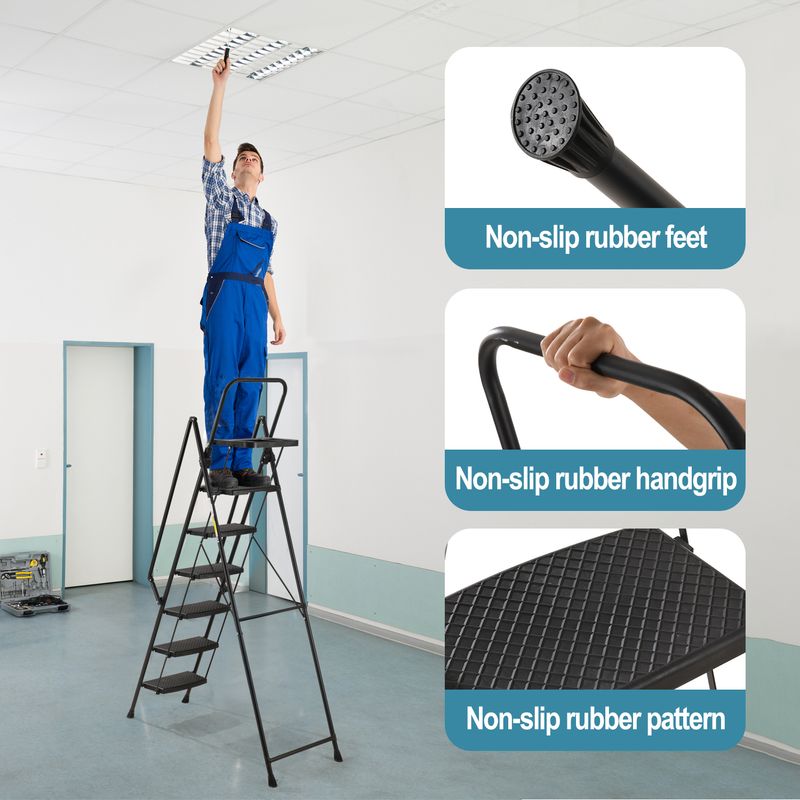 Folding Step Stool With Bandwidth Anti Slip Pedals And Tool Trays, Lightweight And Portable Steel Step Stool, Perfect For Kitchen And Home, Indoor And Outdoor Use, Sturdy Steel Steps (6 Levels)_voghion.com