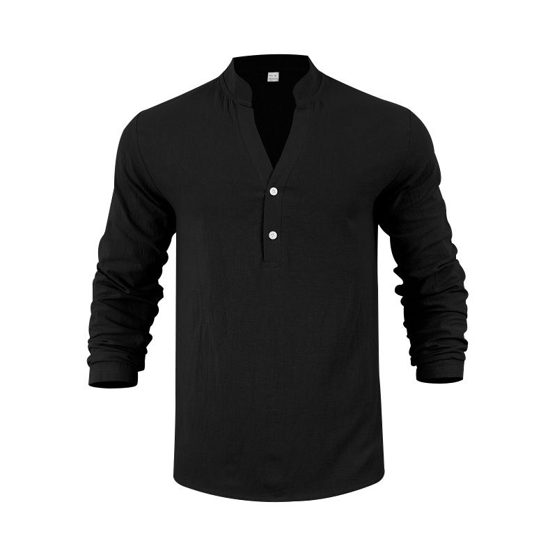 Maglietta a maniche lunghe con scollo a V in lino traspirante per uomo - Vestibilità rilassata, comfort casual, essenziale per l'estate_voghion.com