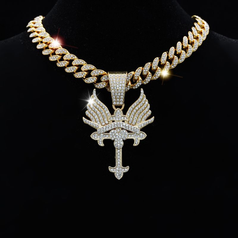 Hot Selling 14K Cuban With Diamond Cross And Wings Hip Hop Big Gold Chain_voghion.com