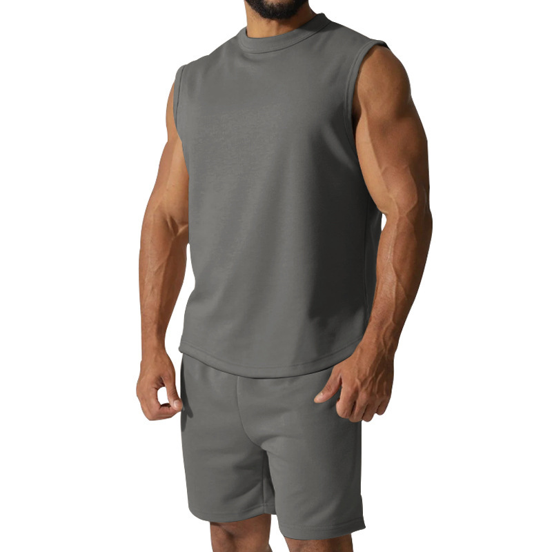 Men's Clothing new summer sleeveless sports suit men's casual thin top solid color waistcoat two piece set for men_voghion.com