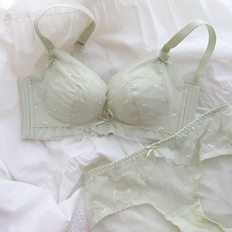 Mädchenhaft, sanft und cool ~ Französischer Stil Herzspitze Push-up-BH-Set für kleine Oberweite, kabellos, Modal, für Damen_voghion.com