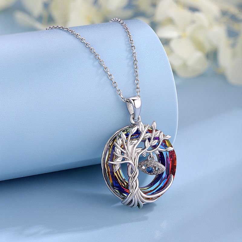 Nuova collana da donna con ciondolo in argento sterling con cristallo blu rotondo e albero della vita_voghion.com