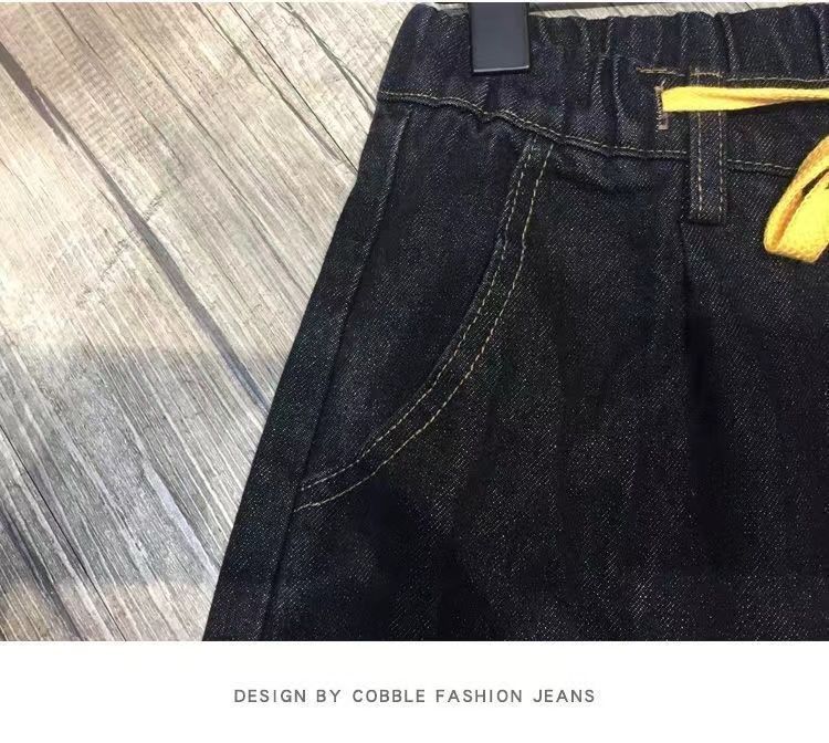 Elastic waist drawstring jeans for men's summer new slim fit small foot Harlan trendy casual cropped pants_voghion.com